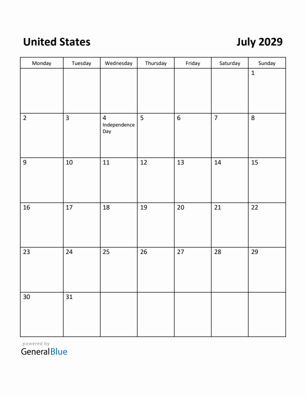 July 2029 Calendar with United States Holidays