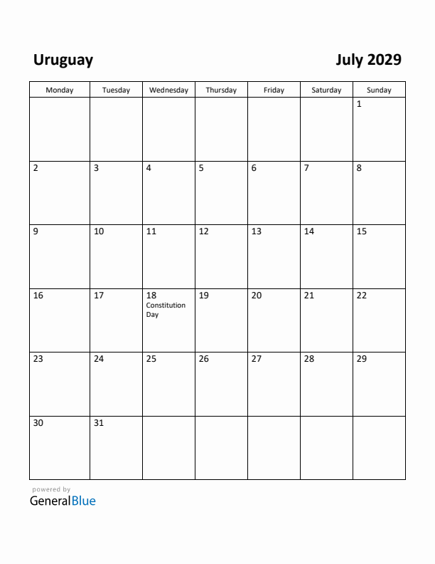 July 2029 Calendar with Uruguay Holidays