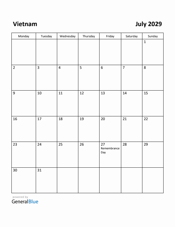 July 2029 Calendar with Vietnam Holidays