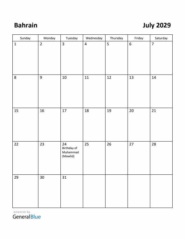 July 2029 Calendar with Bahrain Holidays