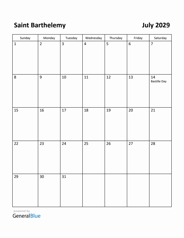 July 2029 Calendar with Saint Barthelemy Holidays