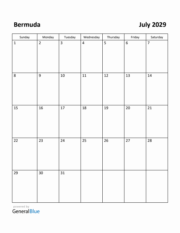 July 2029 Calendar with Bermuda Holidays