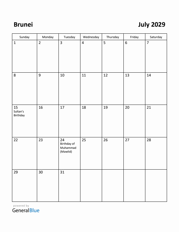 July 2029 Calendar with Brunei Holidays