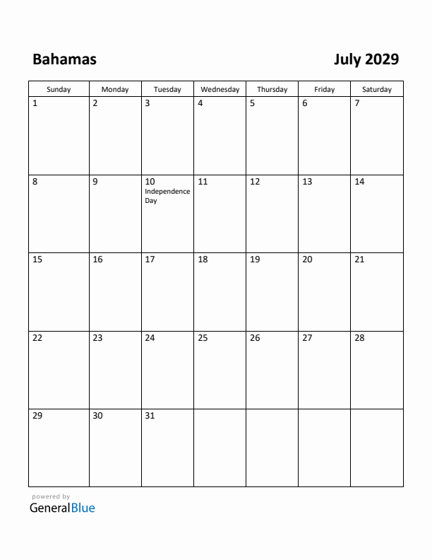 July 2029 Calendar with Bahamas Holidays