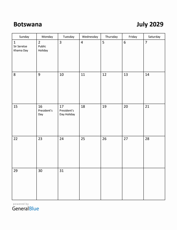 July 2029 Calendar with Botswana Holidays