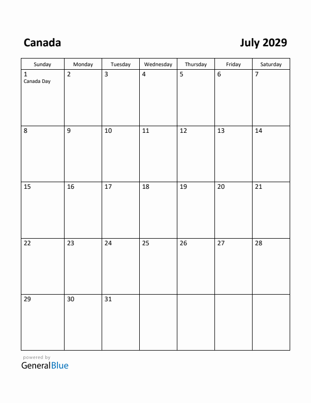 July 2029 Calendar with Canada Holidays