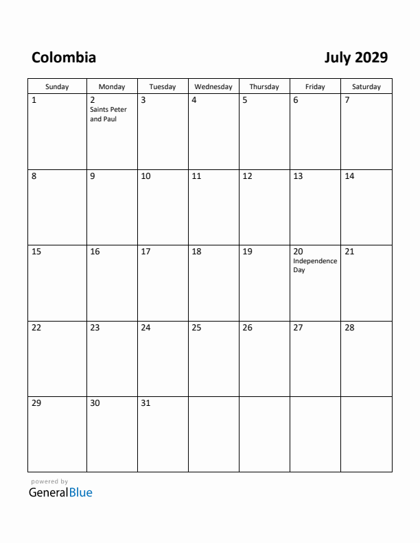 July 2029 Calendar with Colombia Holidays