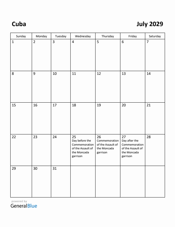 July 2029 Calendar with Cuba Holidays