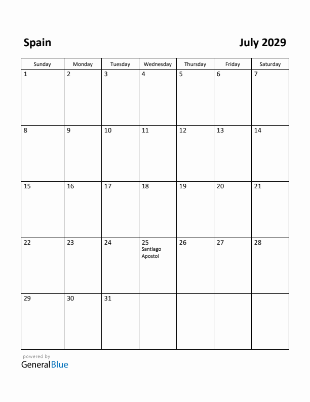 July 2029 Calendar with Spain Holidays