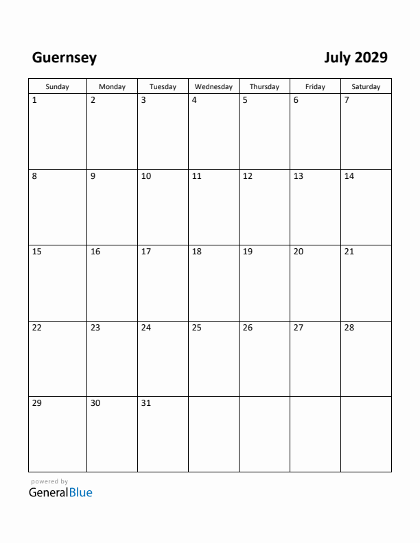 July 2029 Calendar with Guernsey Holidays