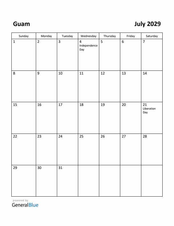 July 2029 Calendar with Guam Holidays