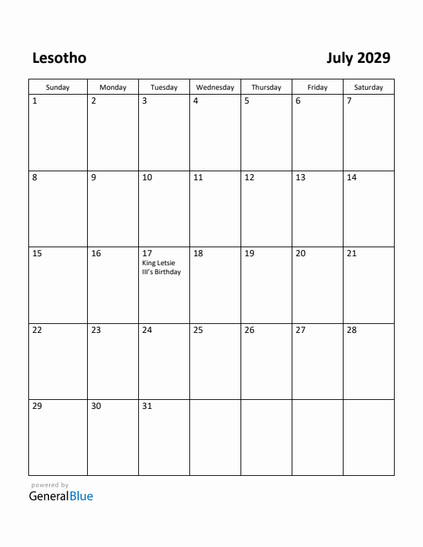 July 2029 Calendar with Lesotho Holidays