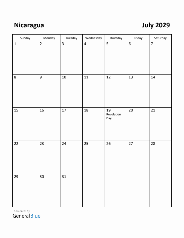 July 2029 Calendar with Nicaragua Holidays