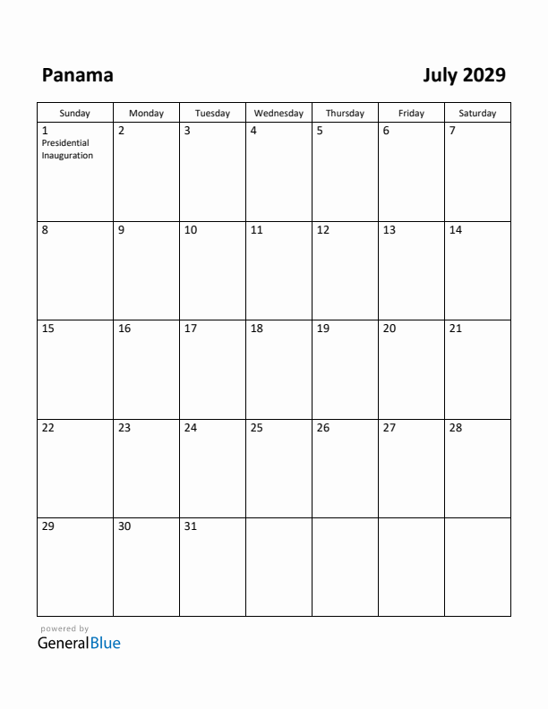 July 2029 Calendar with Panama Holidays