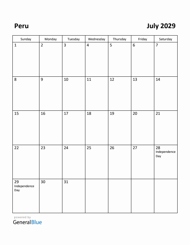 July 2029 Calendar with Peru Holidays