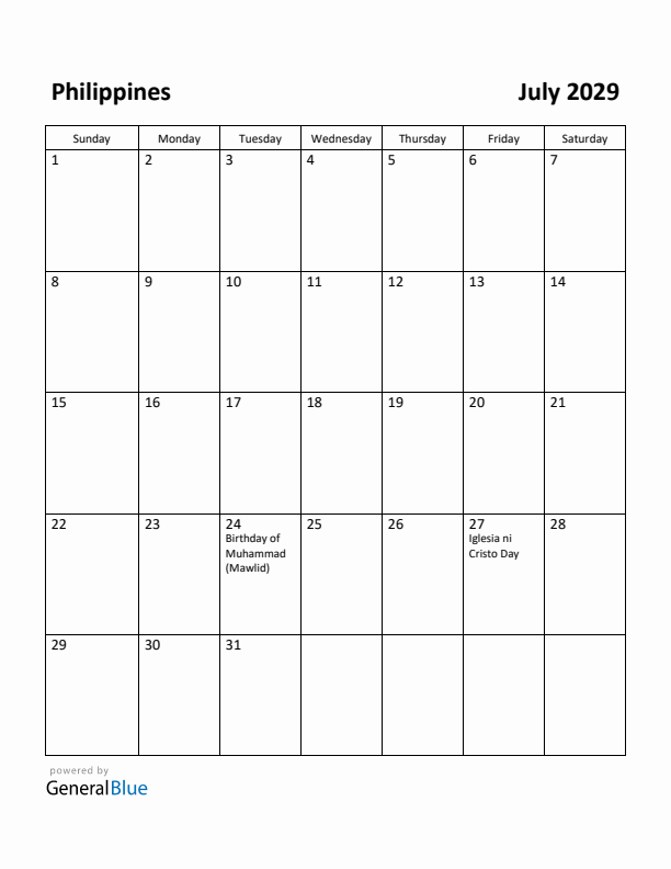 July 2029 Calendar with Philippines Holidays