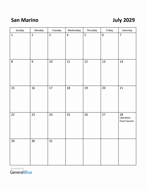 July 2029 Calendar with San Marino Holidays