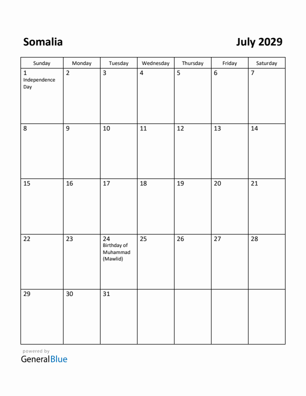 July 2029 Calendar with Somalia Holidays