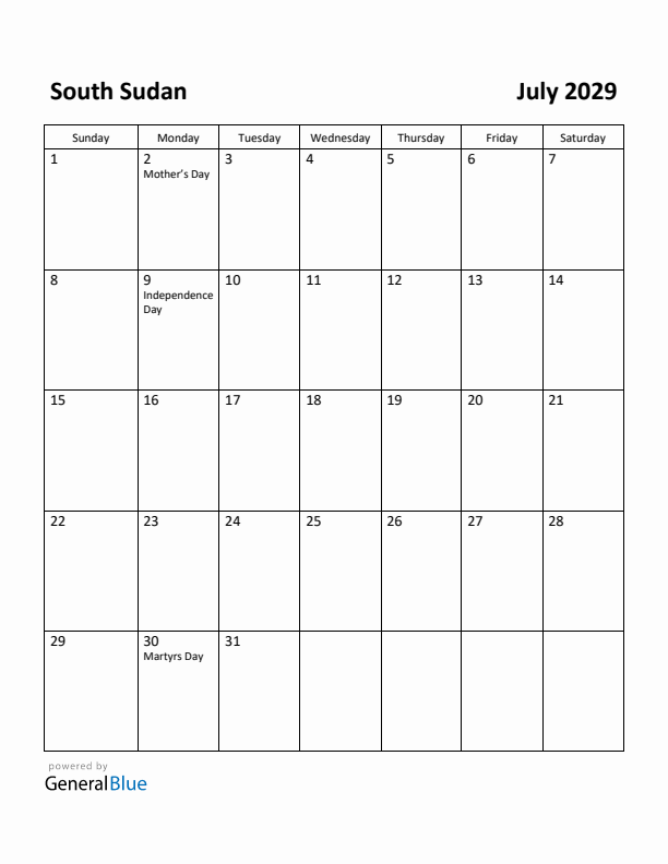 July 2029 Calendar with South Sudan Holidays