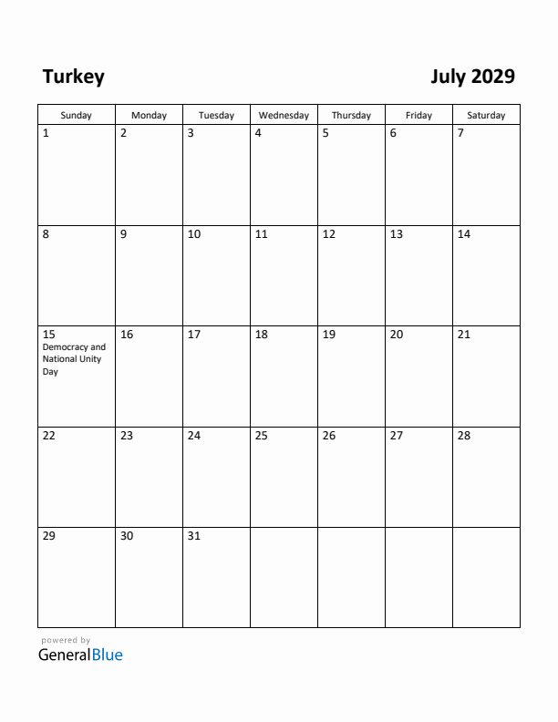 July 2029 Calendar with Turkey Holidays