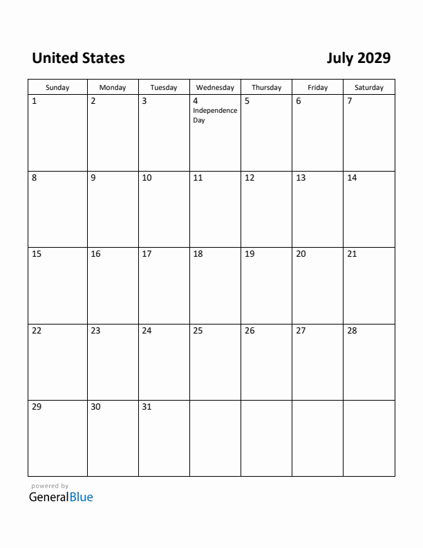 July 2029 Calendar with United States Holidays