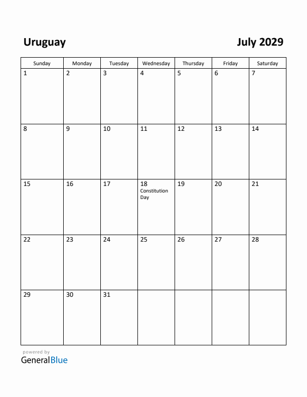 July 2029 Calendar with Uruguay Holidays