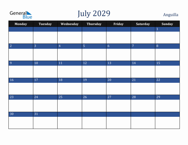 July 2029 Anguilla Calendar (Monday Start)