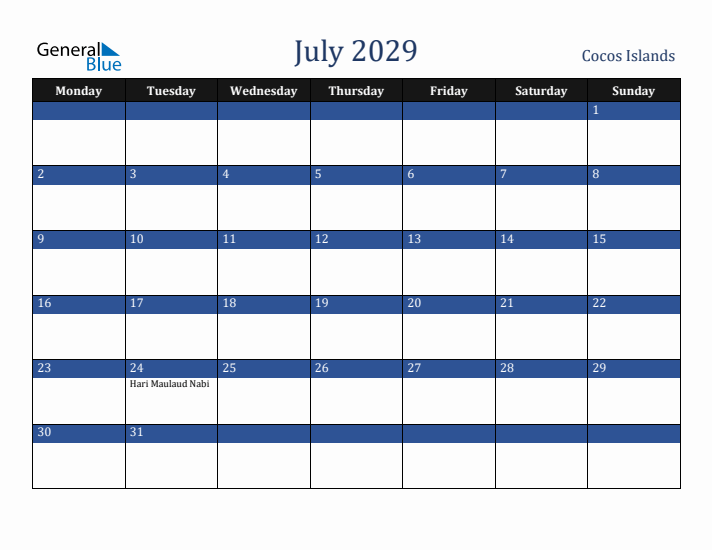 July 2029 Cocos Islands Calendar (Monday Start)