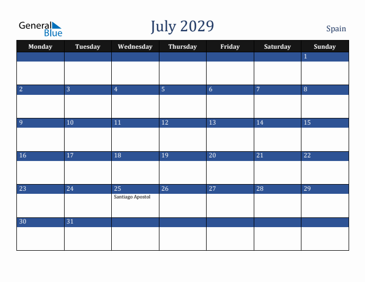 July 2029 Spain Calendar (Monday Start)