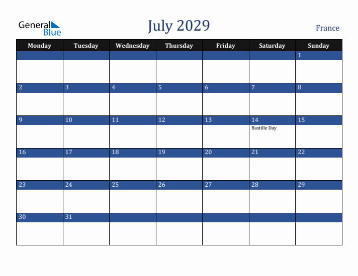 July 2029 France Calendar (Monday Start)