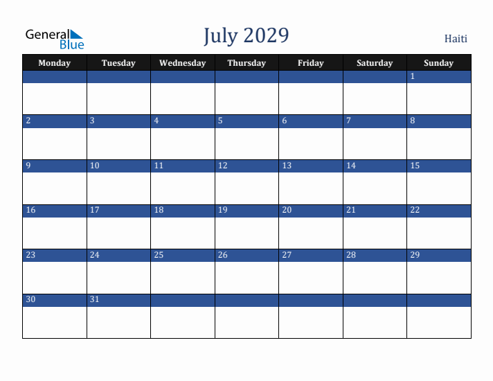 July 2029 Haiti Calendar (Monday Start)