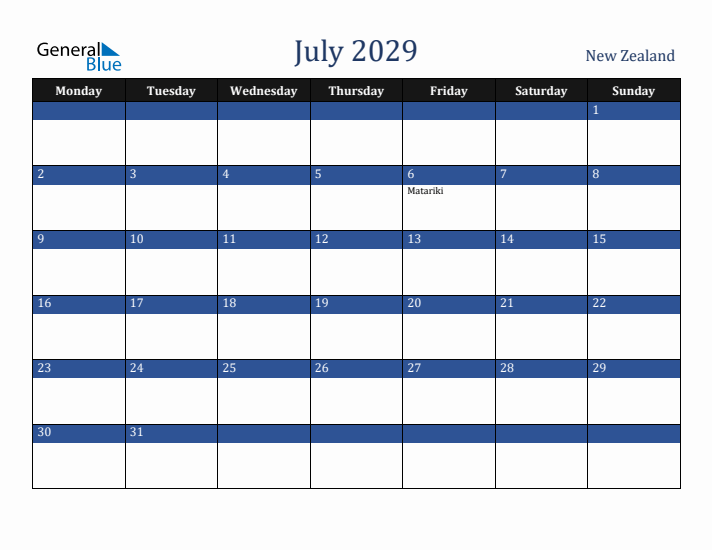 July 2029 New Zealand Calendar (Monday Start)