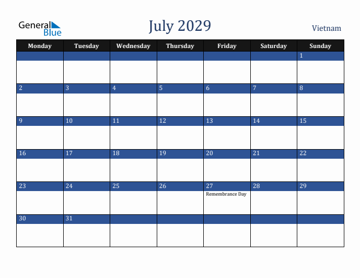 July 2029 Vietnam Calendar (Monday Start)