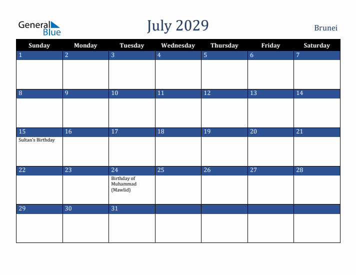 July 2029 Brunei Calendar (Sunday Start)