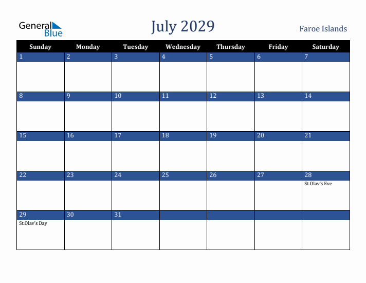 July 2029 Faroe Islands Calendar (Sunday Start)