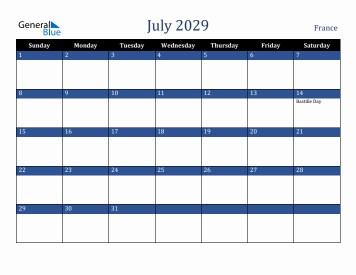 July 2029 France Calendar (Sunday Start)