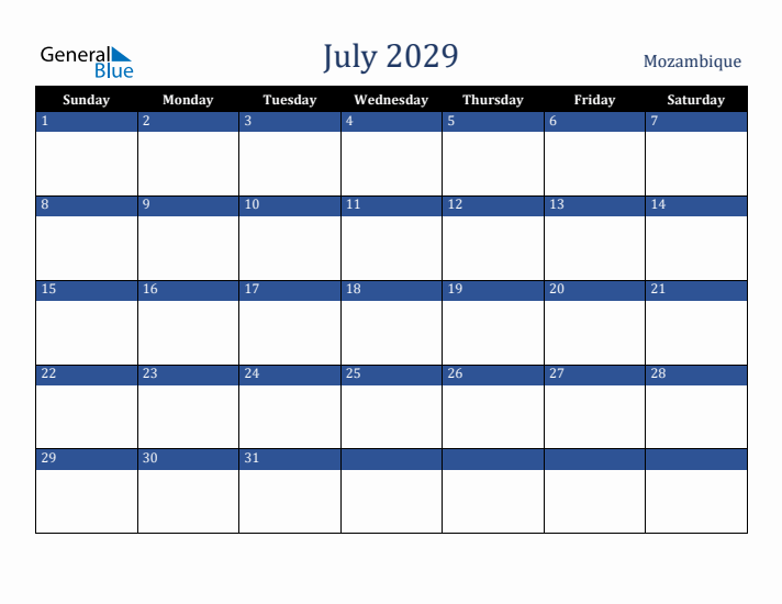 July 2029 Mozambique Calendar (Sunday Start)