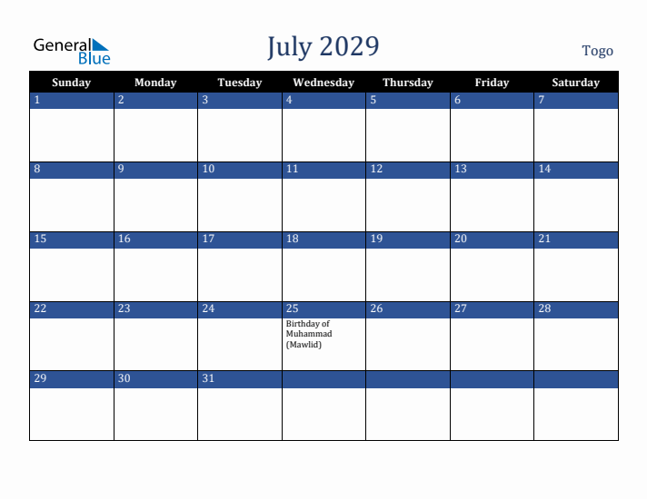 July 2029 Togo Calendar (Sunday Start)