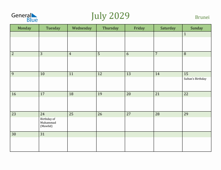 July 2029 Calendar with Brunei Holidays