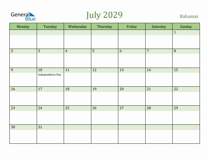 July 2029 Calendar with Bahamas Holidays