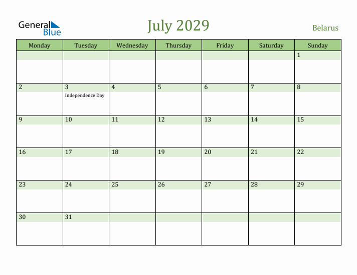 July 2029 Calendar with Belarus Holidays