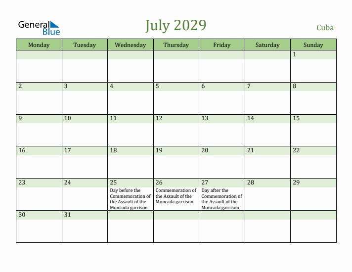 July 2029 Calendar with Cuba Holidays