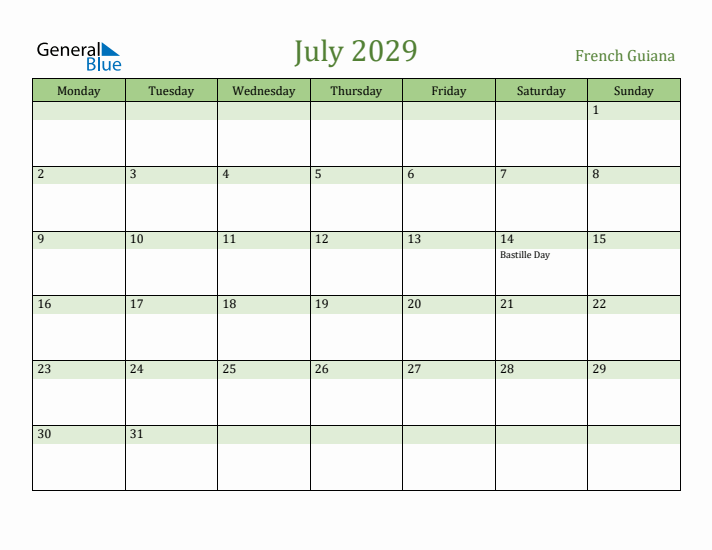 July 2029 Calendar with French Guiana Holidays