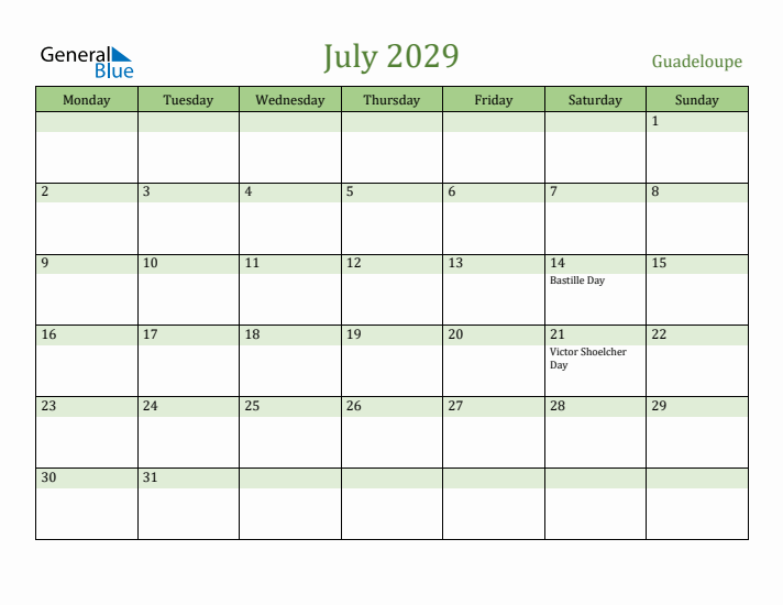 July 2029 Calendar with Guadeloupe Holidays