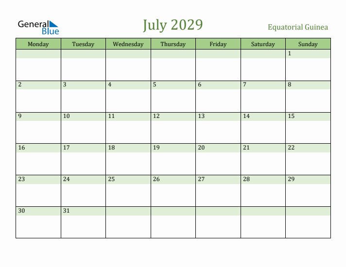 July 2029 Calendar with Equatorial Guinea Holidays