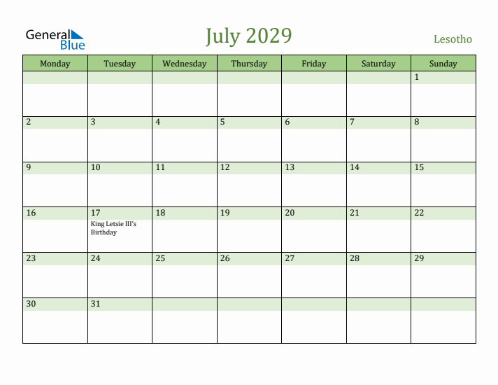 July 2029 Calendar with Lesotho Holidays