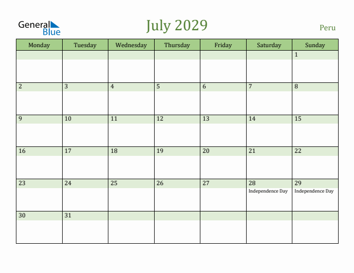 July 2029 Calendar with Peru Holidays