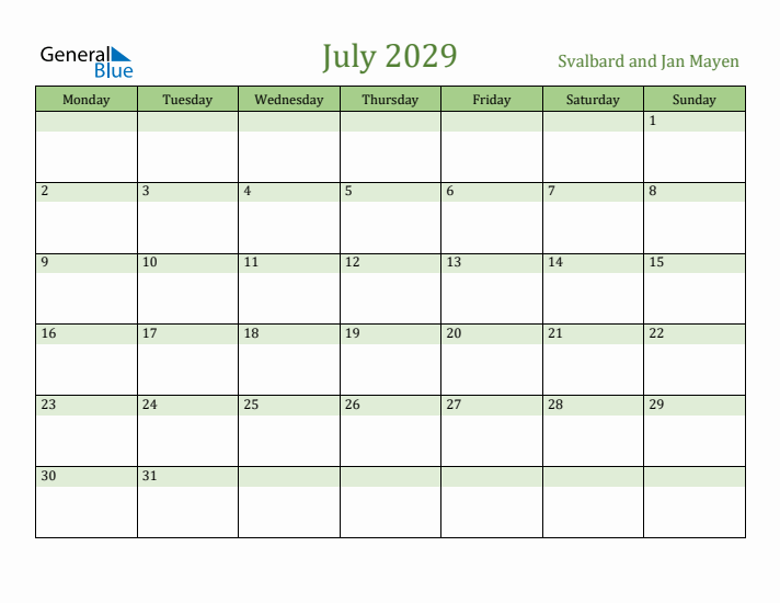 July 2029 Calendar with Svalbard and Jan Mayen Holidays