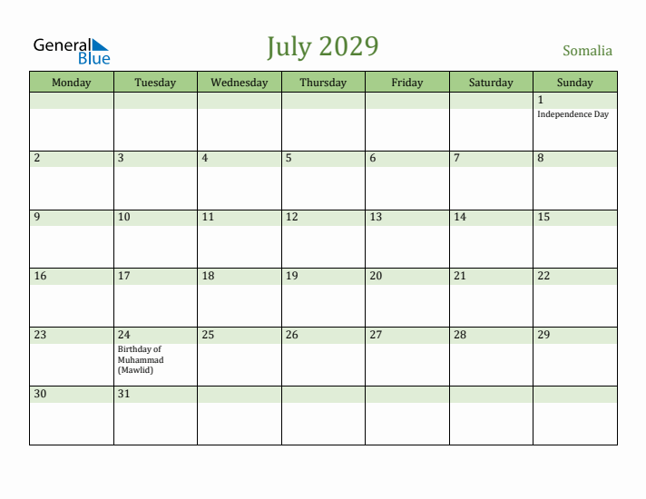 July 2029 Calendar with Somalia Holidays