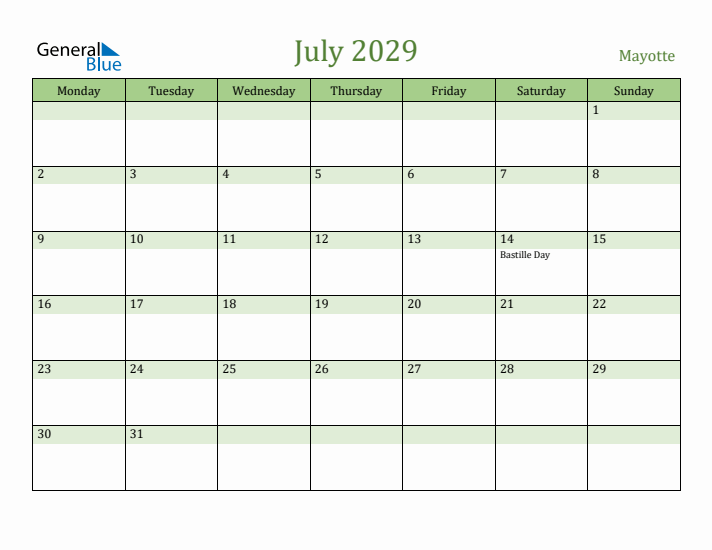 July 2029 Calendar with Mayotte Holidays